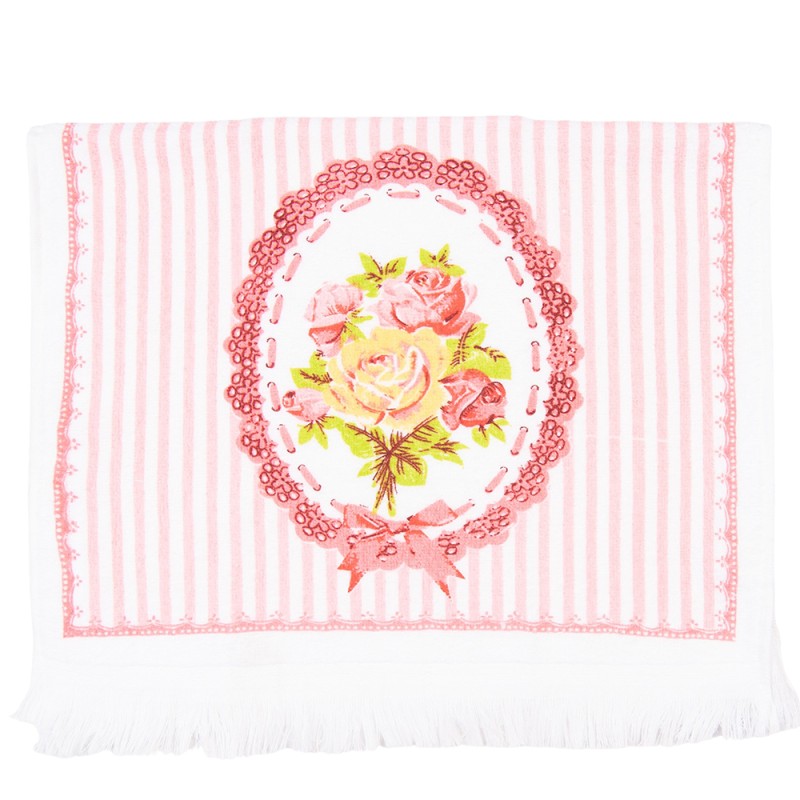 Clayre & Eef Gastendoekje  set van 6 stuks  40x66 cm Wit Roze Katoen Rechthoek Rozen Toilet handdoek