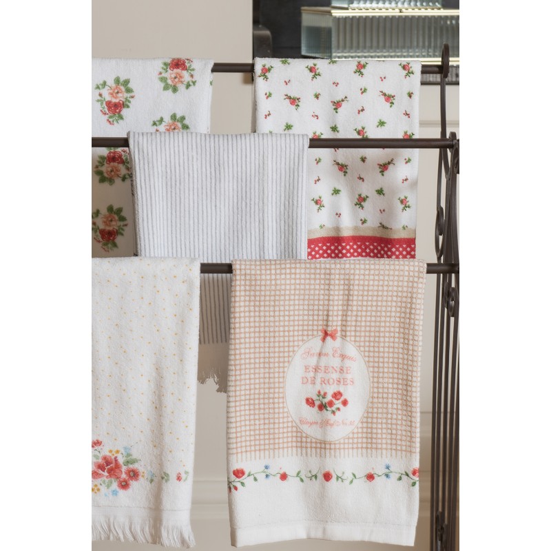 Clayre & Eef Gastendoekje  set van 6 stuks  40x66 cm Wit Rood Katoen Bloemen Toilet handdoek