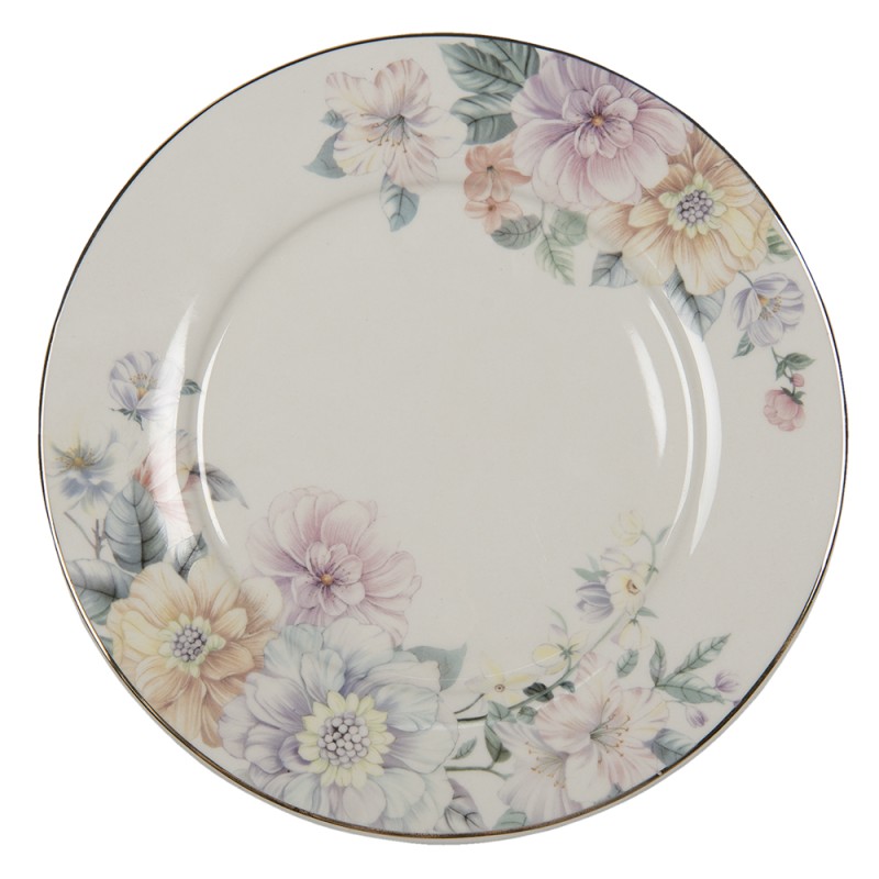 Clayre & Eef Dinerbord  set van 6 stuks  Ø 26 cm Beige Roze Porselein Bloemen Eetbord