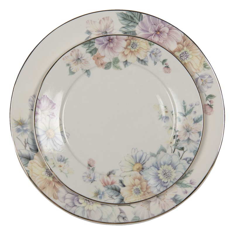 Clayre & Eef Dinerbord  set van 6 stuks  Ø 26 cm Beige Roze Porselein Bloemen Eetbord