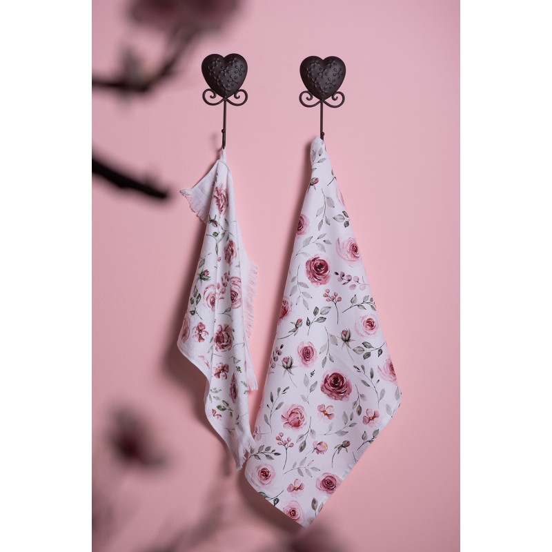 Clayre & Eef Theedoek  set van 6 stuks  50x70 cm Wit Roze Katoen Rechthoek Rozen Vaatdoek