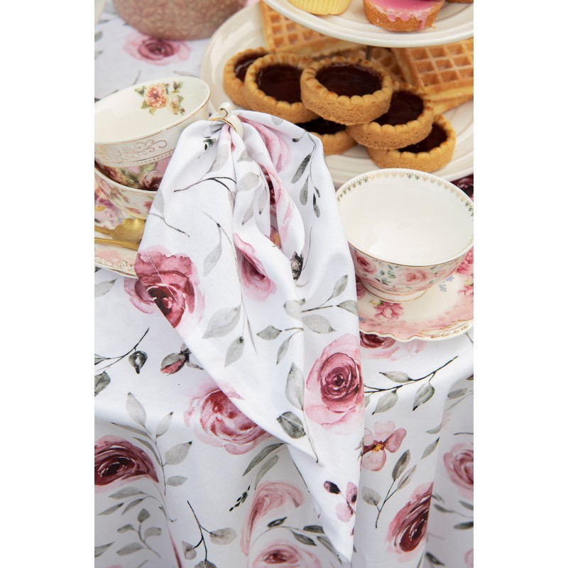 Clayre & Eef Theedoek  set van 6 stuks  50x70 cm Wit Roze Katoen Rechthoek Rozen Vaatdoek