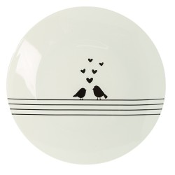 Clayre & Eef Dinerbord  set van 6 stuks  Ø 26 cm Wit Zwart Porselein Rond Harten Vogels Eetbord