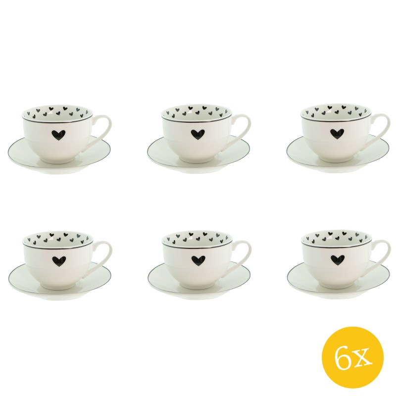 Clayre & Eef Kop en schotel set van 6 stuks schotel  220 ml Wit Zwart Porselein Harten Servies