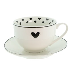 Clayre & Eef Kop en schotel set van 6 stuks schotel  220 ml Wit Zwart Porselein Harten Servies