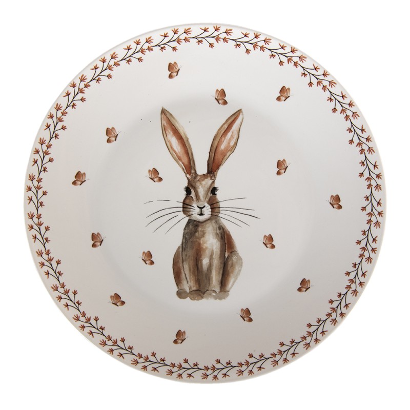 Clayre & Eef Dinerbord  set van 6 stuks  Ø 26 cm Beige Bruin Porselein Rond Konijn Eetbord