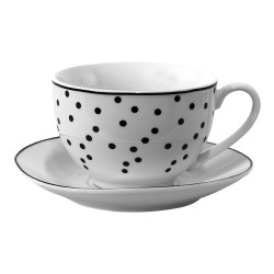 Clayre & Eef Kop en schotel set van 6 stuks schotel  238 ml Wit Zwart Porselein Servies