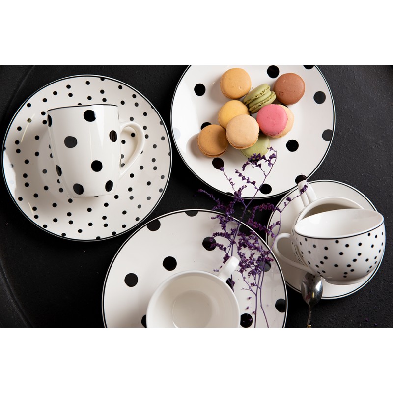 Clayre & Eef Kop en schotel set van 6 stuks schotel  238 ml Wit Zwart Porselein Servies