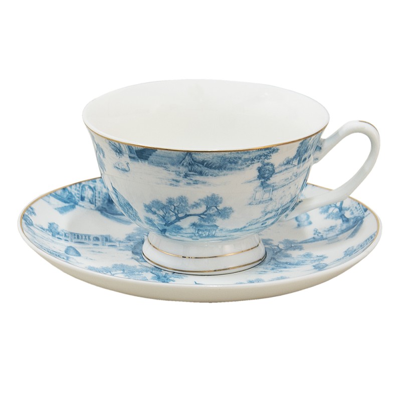 Clayre & Eef Kop en schotel set van 6 stuks schotel  250 ml Blauw Wit Porselein Servies