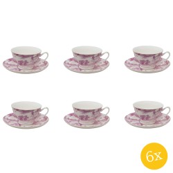 Clayre & Eef Kop en schotel set van 6 stuks schotel  250 ml Roze Porselein Servies