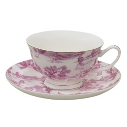 Clayre & Eef Kop en schotel set van 6 stuks schotel  250 ml Roze Porselein Servies