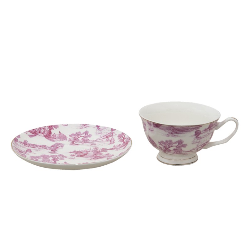 Clayre & Eef Kop en schotel set van 6 stuks schotel  250 ml Roze Porselein Servies