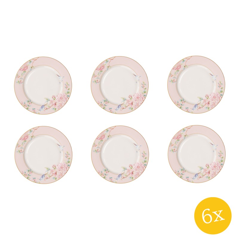 Clayre & Eef Dinerbord  set van 6 stuks  Ø 27 cm Roze Wit Porselein Bloemen Eetbord