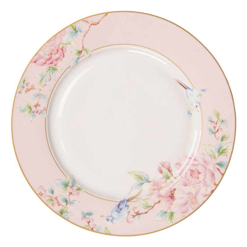 Clayre & Eef Dinerbord  set van 6 stuks  Ø 27 cm Roze Wit Porselein Bloemen Eetbord