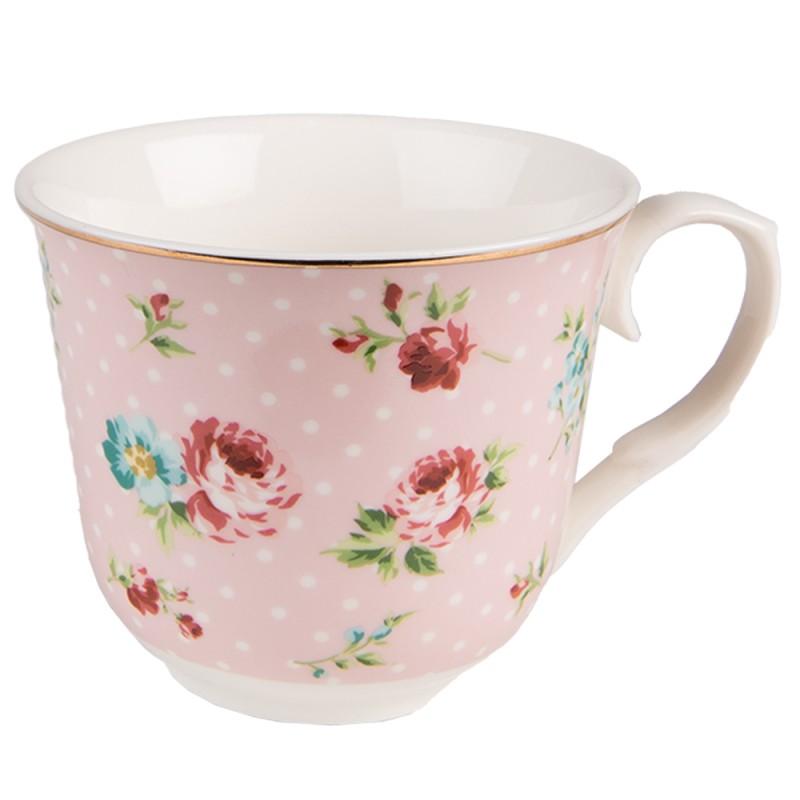 Clayre & Eef Kop en schotel set van 6 stuks schotel  250 ml Roze Porselein Bloemen Servies