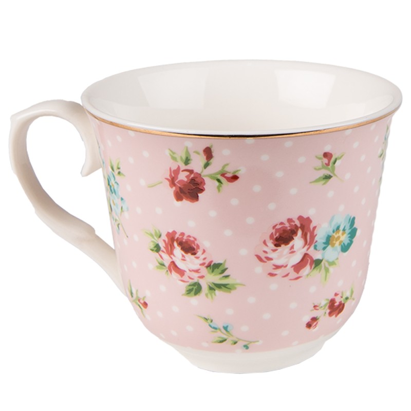 Clayre & Eef Kop en schotel set van 6 stuks schotel  250 ml Roze Porselein Bloemen Servies