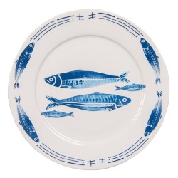 Clayre & Eef Dinerbord  set van 6 stuks  Ø 26 cm Wit Blauw Porselein Vissen Eetbord