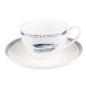 Clayre & Eef Kop en schotel set van 6 stuks schotel  250 ml Wit Blauw Porselein Vissen Servies