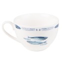 Clayre & Eef Kop en schotel set van 6 stuks schotel  250 ml Wit Blauw Porselein Vissen Servies