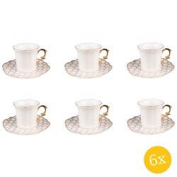 Clayre & Eef Kop en schotel set van 6 stuks schotel  95 ml Wit Goudkleurig Porselein Servies