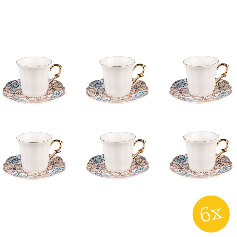 Clayre & Eef Kop en schotel set van 6 stuks schotel  95 ml Wit Beige Porselein Servies