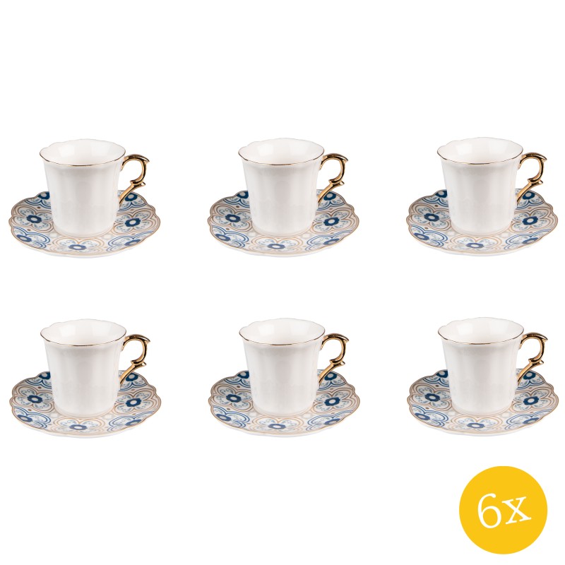 Clayre & Eef Kop en schotel set van 6 stuks schotel  95 ml Wit Blauw Porselein Servies