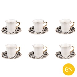 Clayre & Eef Kop en schotel set van 6 stuks schotel  95 ml Wit Zwart Porselein Servies