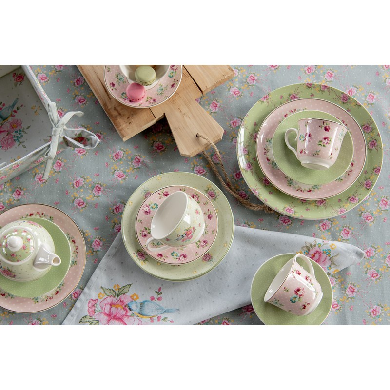 Clayre & Eef Dinerbord  set van 6 stuks  Ø 26 cm Groen Beige Porselein Rond Bloemen Eetbord