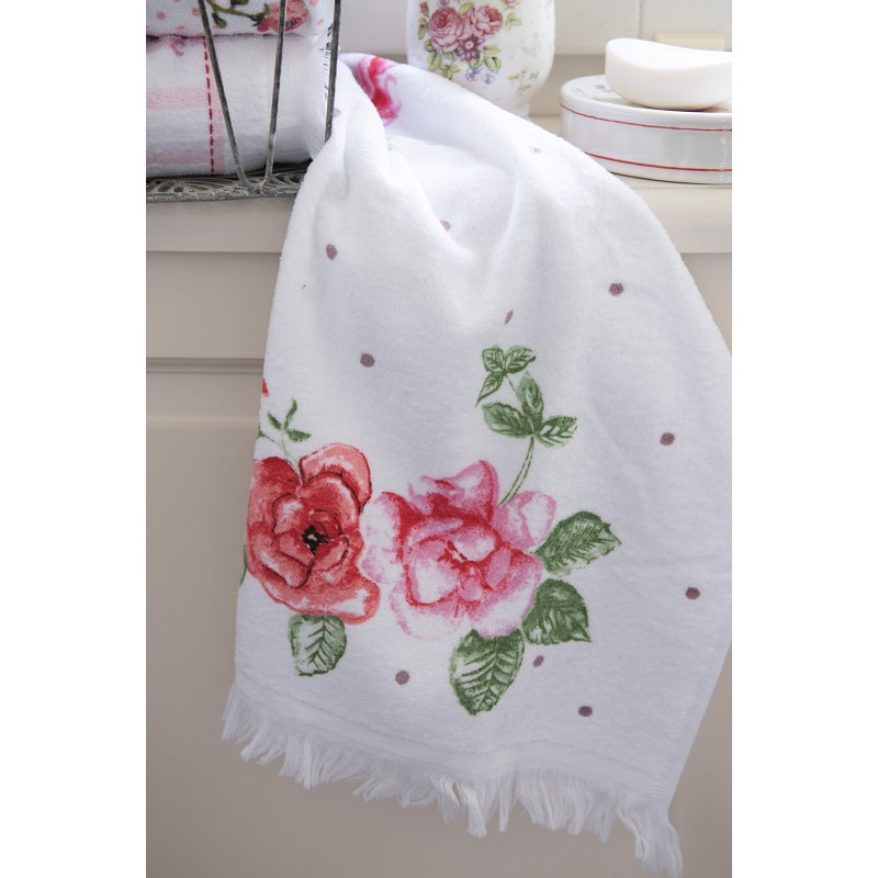 Clayre & Eef Gastendoekje  set van 6 stuks  40x66 cm Wit Roze Katoen Rechthoek Bloemen Toilet handdoek