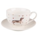 Clayre & Eef Kop en schotel set van 6 stuks schotel  200 ml Beige Bruin Porselein Rond Teckel Servies