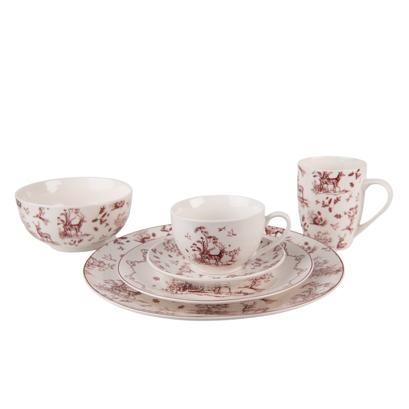 Clayre & Eef Kop en schotel set van 6 stuks schotel  200 ml Beige Rood Porselein Rendieren en bomen Servies