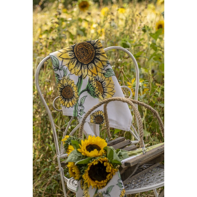 Clayre & Eef Theedoek  set van 6 stuks  Ø 80 cm Beige Geel Katoen Rond Zonnebloemen Keukenhanddoek