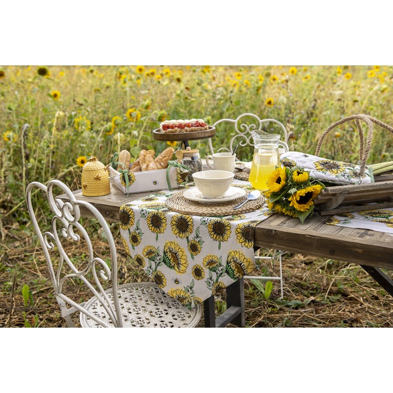 Clayre & Eef Theedoek  set van 6 stuks  Ø 80 cm Beige Geel Katoen Rond Zonnebloemen Keukenhanddoek