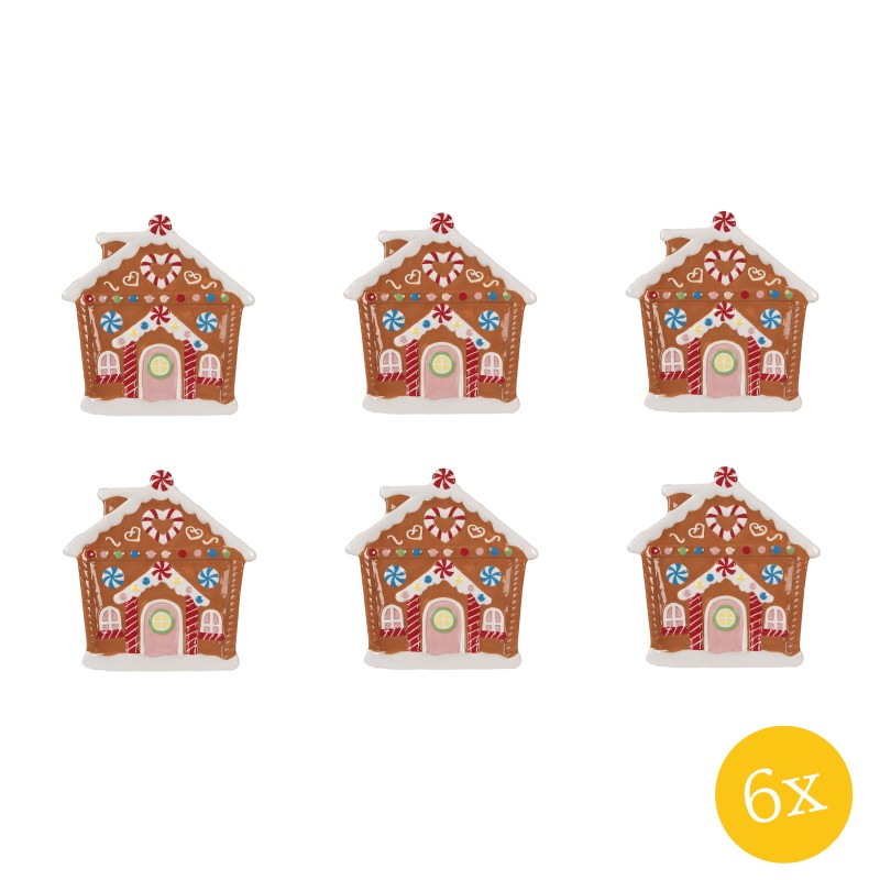 Clayre & Eef Ontbijtbord Gingerbread set van 6 stuks Gingerbread house 20x21x2 cm Bruin Keramiek Kerstdecoratie