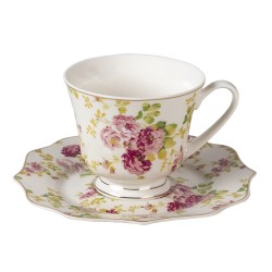 Clayre & Eef Tasse et soucoupe 200 ml Blanc Porcelaine Rond Fleurs