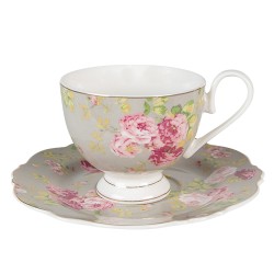 Clayre & Eef Tasse et soucoupe 200 ml Vert Blanc Porcelaine Rond Fleurs