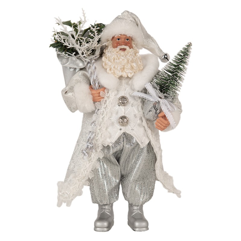 Clayre & Eef Weihnachtsdekorationsfigur Weihnachtsmann 27 cm Weiß Silberfarbig Kunststoff