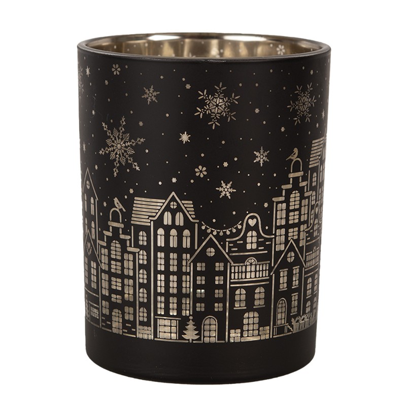 Clayre & Eef Porte-bougie set de 2 Ø 9x10 / Ø 10x12 cm Noir Verre Maisons