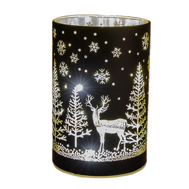 Clayre & Eef Tealight Holder with LED Ø 9x16 cm Black Gold colored Glass Deer