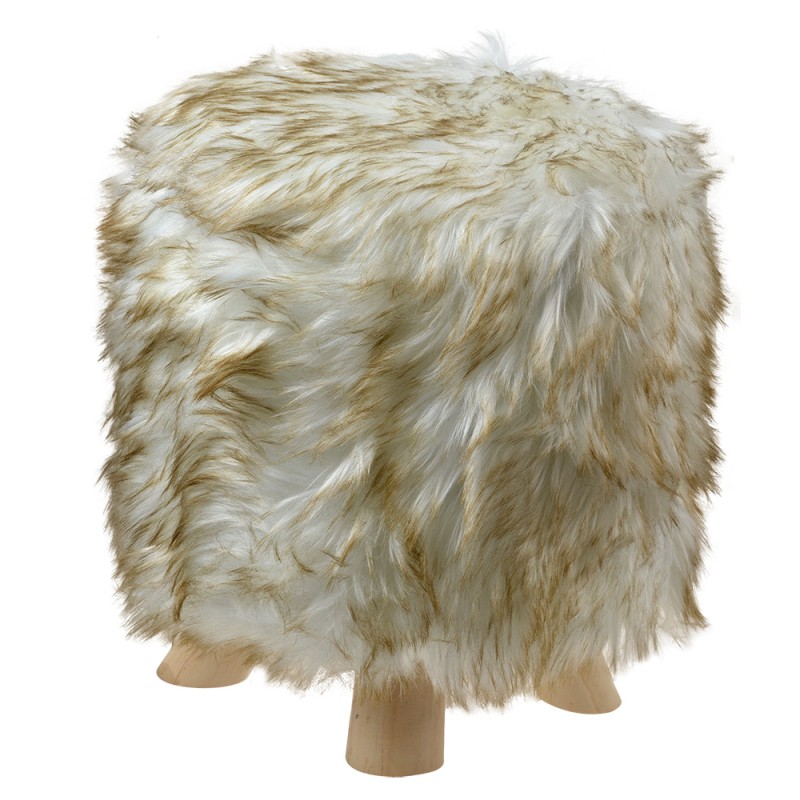 Clayre & Eef Pouf Ø 32x40 cm Blanc Marron Bois Textile Rond