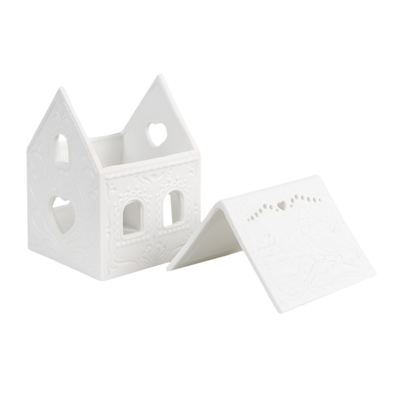 Clayre & Eef Waxinelichthouder Huis 7x6x9 cm Wit Porselein