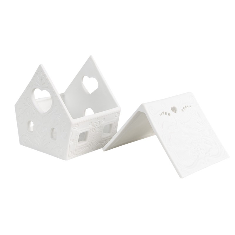 Clayre & Eef Waxinelichthouder Huis 8x6x8 cm Wit Porselein