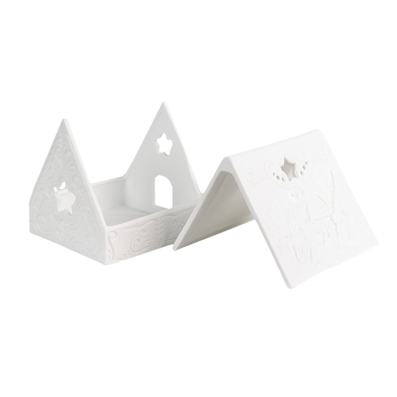 Clayre & Eef Portacandela Casa 8x8x8 cm Bianco Porcellana