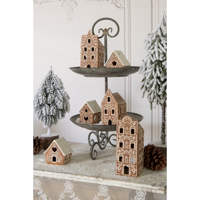 Clayre & Eef Waxinelichthouder Gingerbread house 7x6x9 cm Bruin Porselein