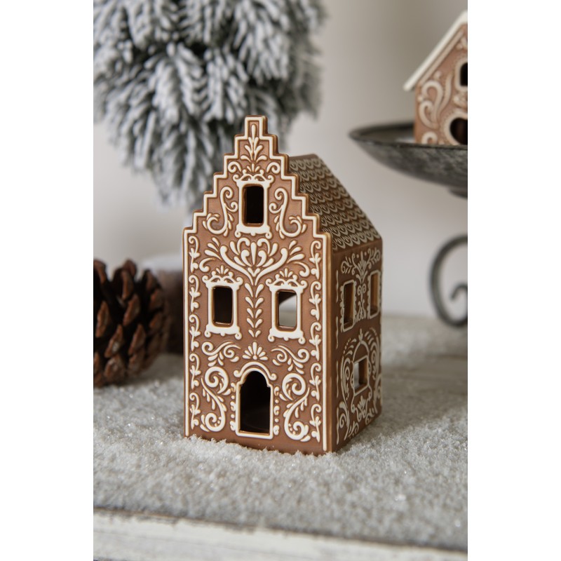 Clayre & Eef Tealight Holder Gingerbread house 7x7x15 cm Brown Porcelain