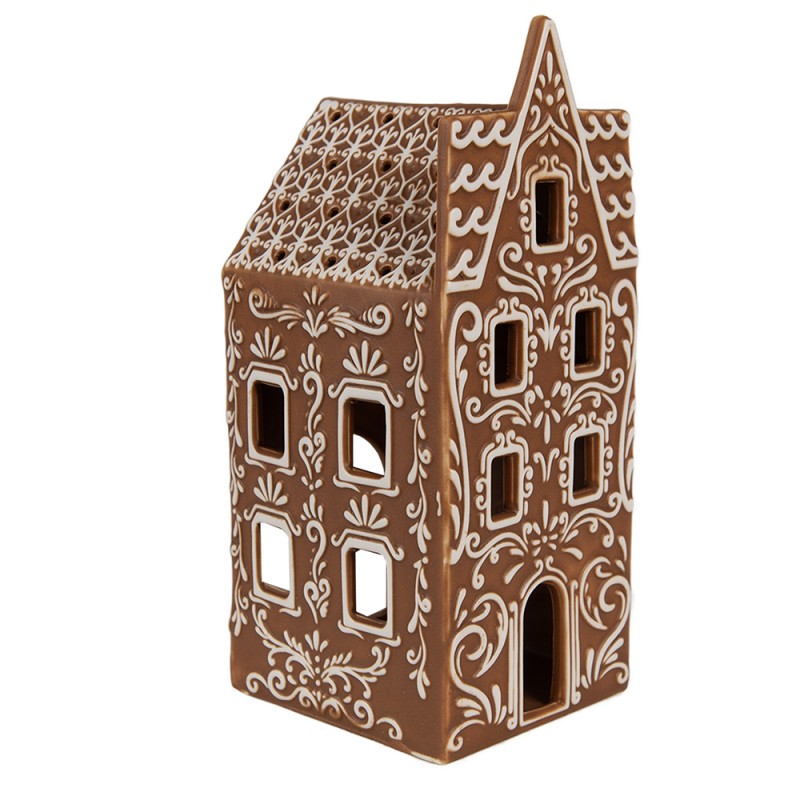 Clayre & Eef Porte-bougie Maison en pain d'épices 7x7x17 cm Marron Porcelaine