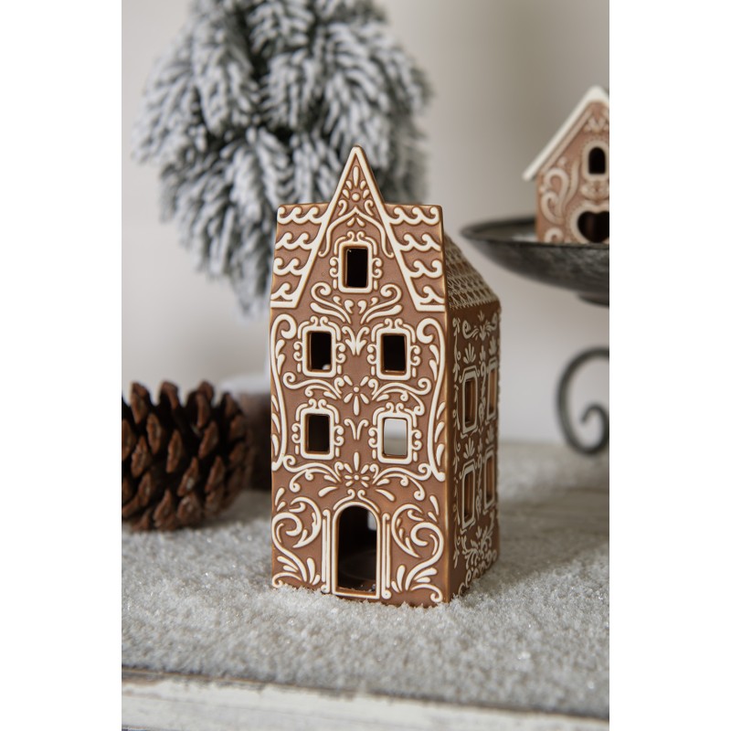 Clayre & Eef Waxinelichthouder Gingerbread house 7x7x17 cm Bruin Porselein