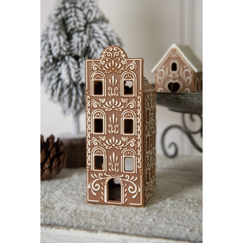 Clayre & Eef Tealight Holder Gingerbread house 7x7x19 cm Brown Porcelain