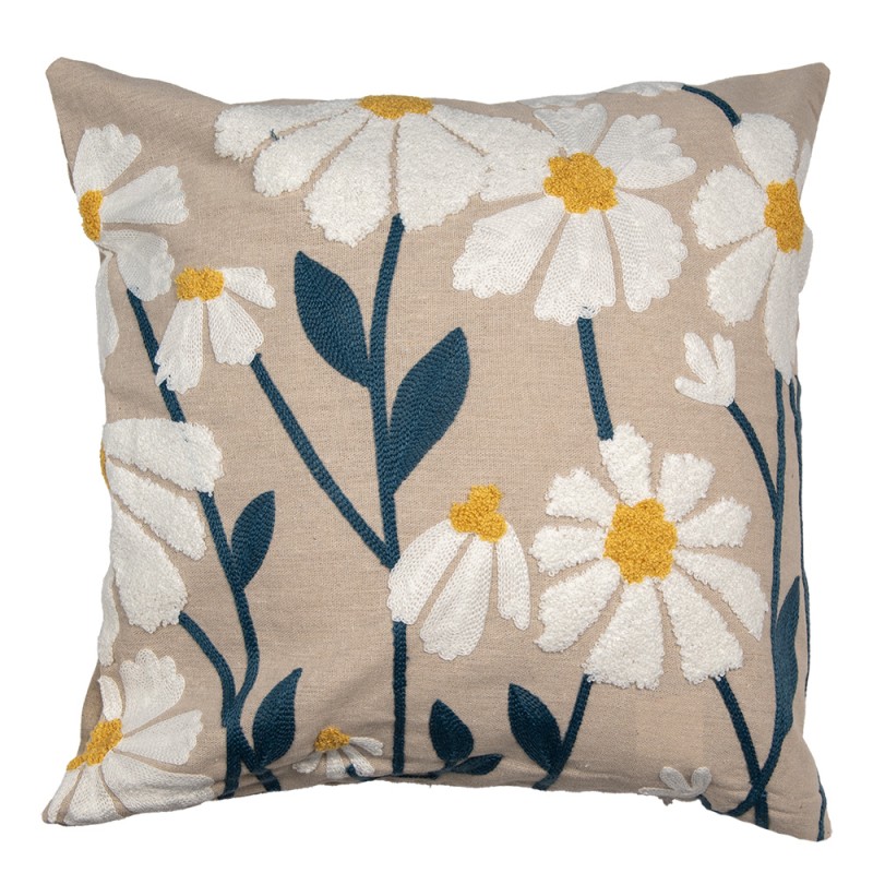 Clayre & Eef Cushion Cover 45x45 cm Beige White Polyester Square Flowers