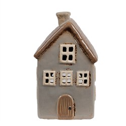 Clayre & Eef Tealight Holder House 9x9x16 cm Grey Brown Ceramic